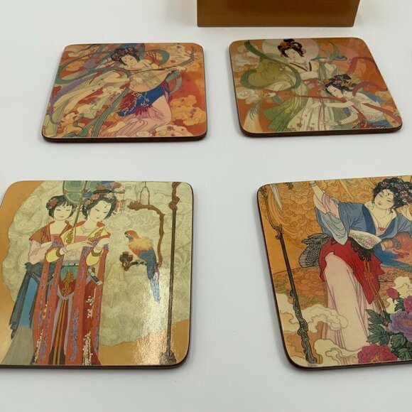 Set of 6 Vintage Japanese Geisha Coasters with Cork Back in Wooden Box - Picture 8 of 13